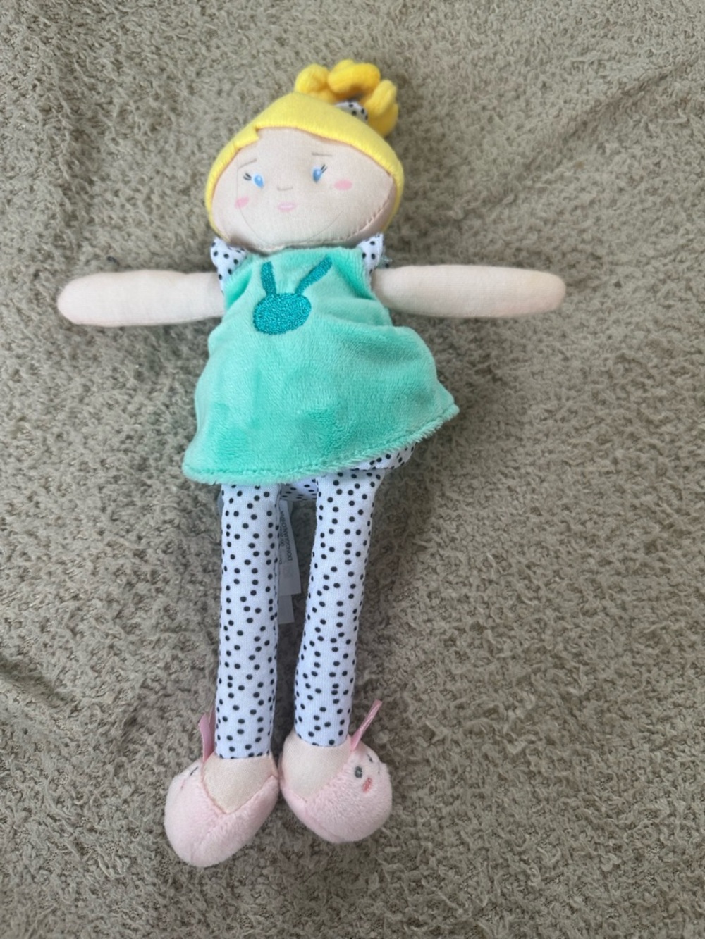 Jolijou Paris French Fabric Doll Blonde Bun Teal Rabbit Dress & Slippers